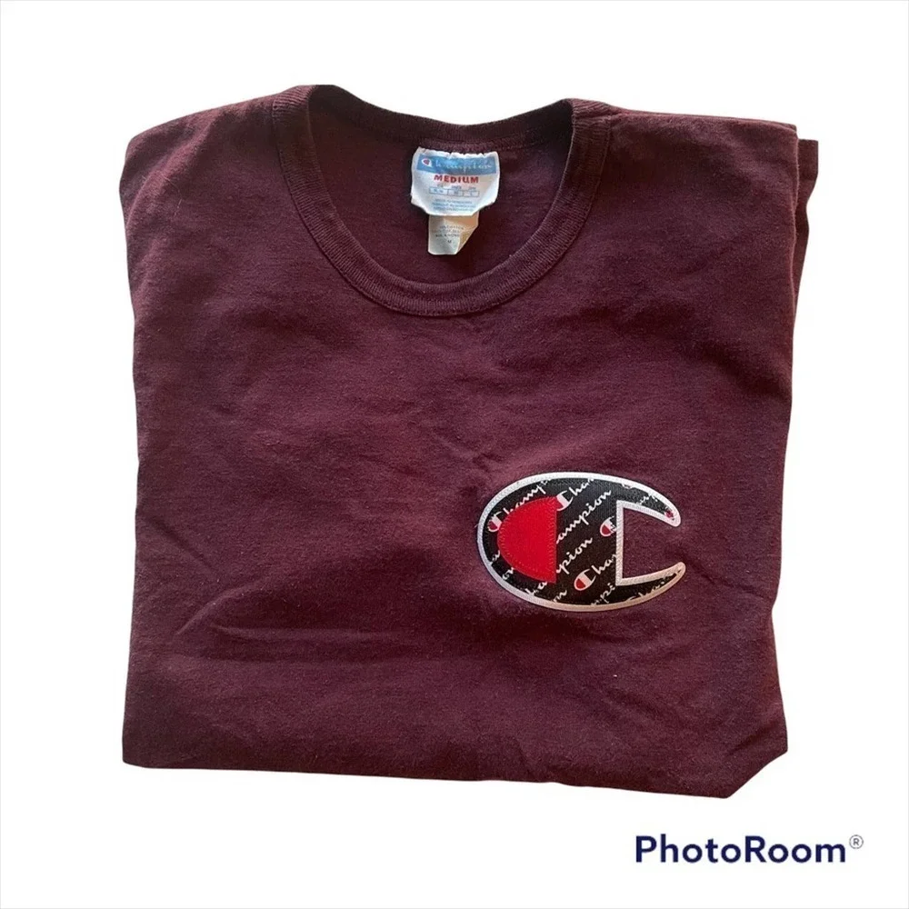 Vintage Champion Tee T-shirt Heritage Big Logo Burgundy Size Medium Streetwear - Picture 9 of 10